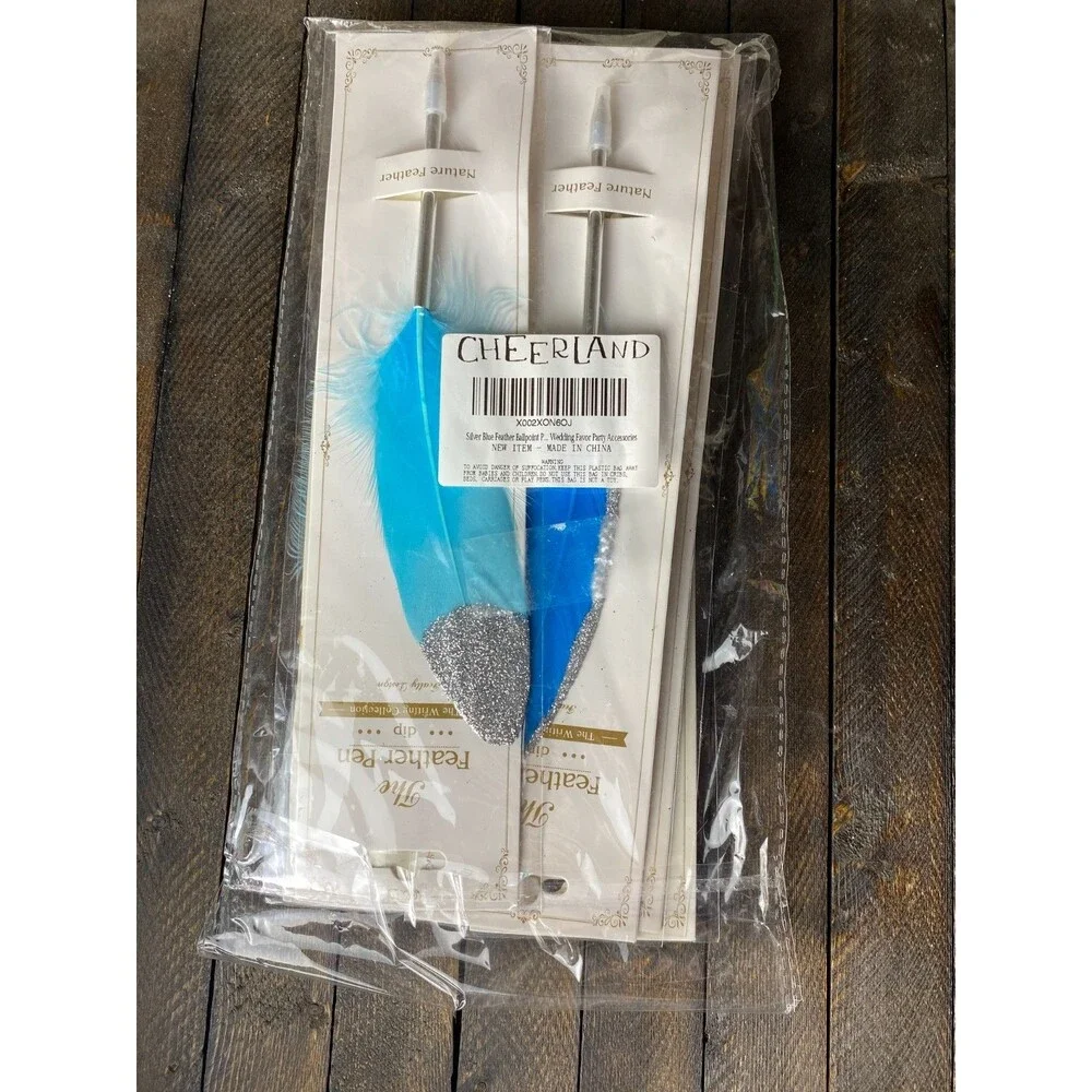 6 Pk Feather Teal & Blue Decorated Ballpoint Pens Black Ink Guest Book Wedding